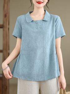Artsy Younger Peter Pan Collar Jacquard Cotton and Linen Short-Sleeved Shirt Womens Summer Leisure Pullover Doll Shirt Slim Looking Tops Thin