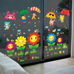 Decorative Glass Stickers for Kindergarten And Childrens Room Dual-Sided Cartoon Sunflower Wall Decals Modern Simple Style PVC Material