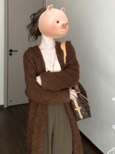 Cafe Au Lait Knitted Sweater Coat Womens Autumn Winter Mid-Length Korean Style Sweet Loose Fit Long Sleeve Warm Thermal