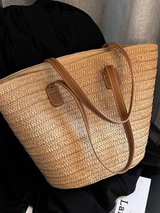 Summer Straw Bag Womens Large Capacity Bamboo Tote Bag Seaside Beach Vacation Travel Vegetable Basket Woven Bucket Bag