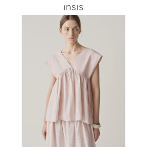 INSIS FEMME | Cotton-Linen Artistic Style Short Flare Sleeve V-Neck Pleated Top