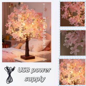 USB 42leds Pink Cherry Blossom Tree Night Light LED Artificial Flower Table Lamp for Bedroom Wedding Party Home Desktop Decor