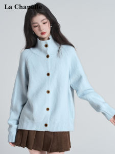 La Chapelle | Áo Cardigan Len Dày Mềm Mại Cổ Cao Phong Cách Thoáng Mát Màu Xanh