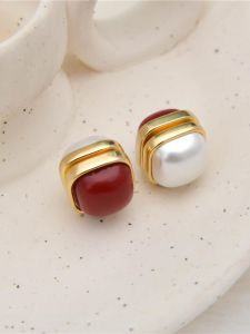 Retro Geometric Square French Style Magnetic Clasp Earrings No Hole Double Sided Red White Wearable Ear Jewelry Fashionable