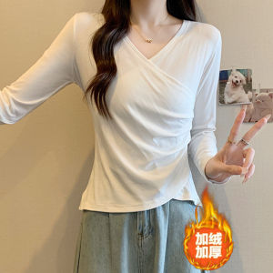 plus Size Womens Long Sleeve V-Neck T-Shirt Slimming Bottoming Shirt Cover Belly Design Spring Autumn New Style Korean Version