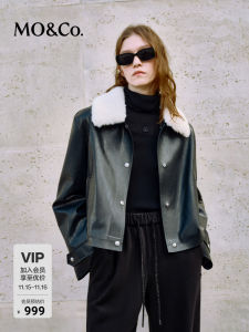 MO＆Co. Detachable Fur Collar Short Jacket Street Style Loose Fit Leather Coat Punk Flavor Casual Womens Fashion