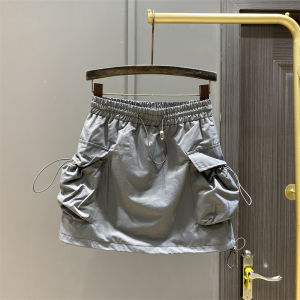 Summer Thin Cotton Polyester Work Skirt High Waist Short A-Line Mini Skirt Drawstring Big Pocket Trendy Cool Slimming Skirt