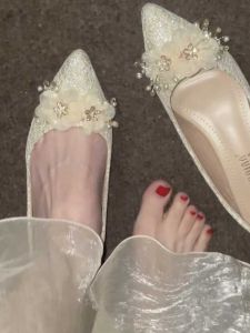 French Floral Pearl Flat Wedding Shoes Women 2024 Spring Summer New Bride Gown Show Heel Maids of Honor Shoes Comfortable