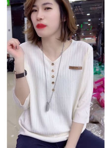 Summer New Thin V-Neck Mommy Knitted Ice Silk Half Sleeve T-Shirt Womens Loose Fit Regular Length Commute Style Pure Color Top