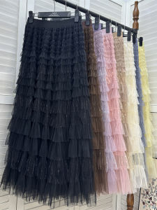 กระโปรงจั๊กเกอร์ตาข่ายทรงเค้ก กระโปรงยาวปานกลางผู้หญิง ฤดูใบไม้ร่วง/ฤดูหนาว กระโปรงทรงเอ ทรงเอ เอวสูง โพลีเอสเตอร์ ไม่มีการยืดหยุ่น