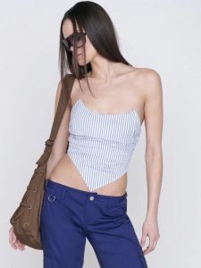 Áo Vest in Họa Tiết Denim Miaou Pure Desire American Retro Spicy Bé Gái Áo Crop Top Sọc Hở Vai Ôm Vừa Vặn Thời Trang Cho Nữ