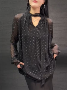 QINGNAER | French Mature Style Polka Dot Black Bow Tie V-Neck Long Sleeve Shirt