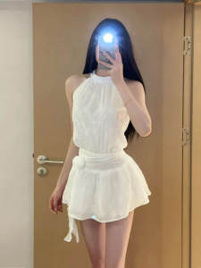 CHANGTONG | Váy cổ treo mùa hè 2025 Váy bó sát kiểu Pháp thêu không tay cạp cao cho nữ váy thường ngày váy công sở mùa hè