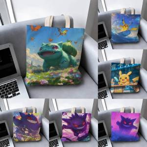 Bandai | Pokemon Fantasy Adventure Storage Bags Tote Bag Travel Summer Beach Shoulder Bag Reusable Grocery Shopping Bag Anime Artwork