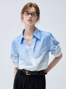 YAOMUHUA | French Blue White Gradient V-neck Shirt Summer Office Lady Short Sleeve