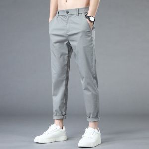 ROMON | Romon Mens Summer Thin Loose Straight Leg Ice Silk Elastic Casual Pants Breathable Long Trousers Fashionable Urban Style