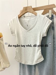 MiiOW | Áo thun nữ cổ chữ V tay ngắn dáng ôm mùa hè phong cách Hàn Quốc MiiOW Áo thun cotton co giãn thời trang cho nữ
