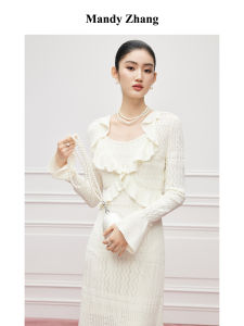Elegant Designer Beaded Ruffled Hollow-out Knit Cardigan