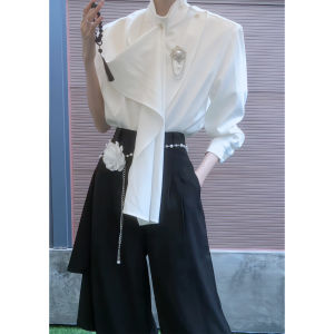 ROAE Retro Scarf Collar Shirt Design Sensation Small Audience New Chinese Style Loose Fit Polyester Fiber Long Sleeve Button up