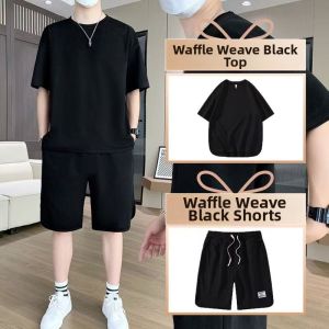 Summer Casual Sports Mens Short Sleeve Shorts Trendy Youth Brand Clothes Two-Piece Set Polyester Fiber Teenage Boy Fashion