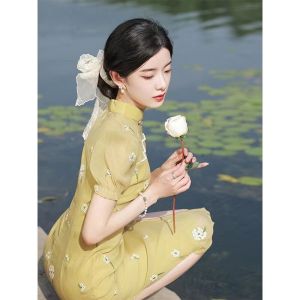 New Style Young Girl Cheongsam Elegant Yellow Chiffon Daily Small Size Summer Exam Delivery Short Sleeve Low Slit Polyester Fiber