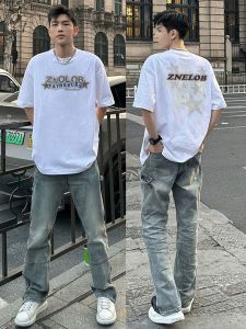 เสื้อยืดคอกลมแขนสั้นผ้าฝ้ายแท้สีขาว ทรงหลวม ลำลอง สไตล์อเมริกัน สตรีท แฟชั่นฤดูร้อน เสื้อตัวบนคอตตอนอื่นๆ