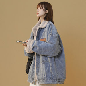 Áo Khoác Denim Lông Cừu Cỡ Lớn Cho Nữ Mùa Đông Dày Dặn Rộng Rãi Cổ Điển Phong Cách BF Trung Tính Có Lót Lông Cừu Cotton Thời Trang