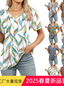 Loose V-neck Short-sleeved Printed T-shirt Womens Summer Fashion Moisture-wicking Thin Polyester Top Casual Regular-length