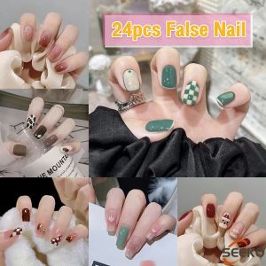 Seeko 24pcs False Nail Art Design Fake Nail Art Patches Long Nail Set