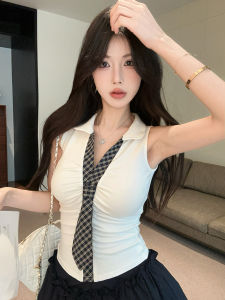 GUZILIAN | Sweet Spicy Polka Dot Pleated Sleeveless Polo Collar Vest Top And Skirt Set Womens Fashion Summer Outfit Two-Piece Ensemble