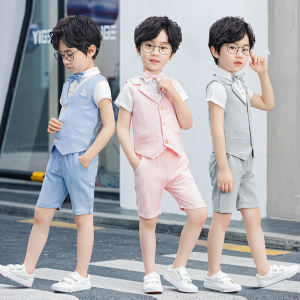 Summer Boys Dress Suit Short Sleeve Vest Piano Performance Outfit Childrens Formal Wear Cotton Linen Material Host Costume