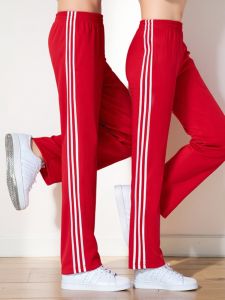 กางเกงกีฬาขายาวทรงตรงหลวมๆ สำหรับผู้ชายและผู้หญิง กางเกงวอร์มผ้าไหมเกาหลี 3 แถบ กางเกงขายาวถัก ไซส์ใหญ่ กางเกงขายาวสำหรับนักเรียนมัธยมปลาย