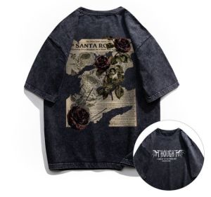 Rose Print Casual Short Sleeved T-shirt for Men Summer Retro Loose Oversized Half Sleeved Top Trend