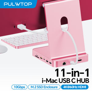 PULWTOP Upgraded USB C Hub for iMac 24 Inch M1/M3/M4 with 4K HDMI 2.5G Ethernet USB A/C 10Gbps SD/TF M.2 SSD Enclosure-Pink
