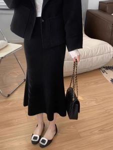 กระโปรงยาวทรงเอผ้าขนสัตว์ถักฤดูหนาวสำหรับผู้หญิง กระโปรงทรงหางปลาเอวสูง ทรงเข้ารูป สไตล์เกาหลี กระโปรงทรงเอ