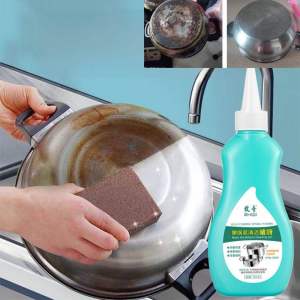Brand: Zhiyi Main product: Pot cleaning solution Key attributes: Liquid blue bottle label with text and images Fit/use: Cleans pots removes stains Scene pembersih karat kotoran degil hitam kuali