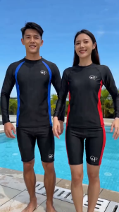 Quick-drying highly elastic comfortable and stylish swimwear Two-piece This swimsuit includes a sun-protective long-sleeved top and knee-length swim trunks.