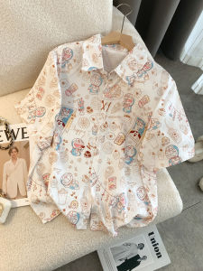 Áo Sơ Mi Voan in Họa Tiết Hoạt Hình Mùa Hè Mới Cho Nữ Dáng Rộng Tay Ngắn Phong Cách Hàn Quốc Cổ Polo Thường Ngày