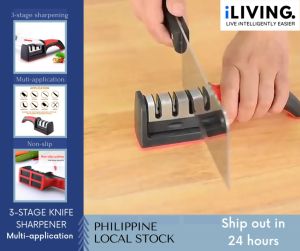 iLIVING 3-Stage Knife Sharpener Manual Handheld Portable Knife and Scissors Sharpener