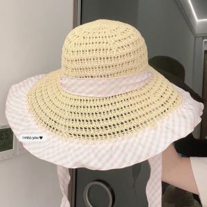 Spring 2025 Blue Grid Bow Hollow Woven Straw Hat Women Large Brim Sunshade Beach Holiday Hats Sweet Cute Style round Top