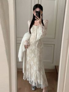 CHANGTONG | ชุดเดรสยาวผ้าลูกไม้สไตล์เกาหลีแบบเรียบง่ายหรูหรา เอวสูง แขนยาว คอกลม กระโปรงทรงเอ ฤดูใบไม้ผลิ ฤดูใบไม้ร่วง