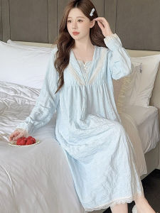 ชุดนอนผู้หญิงแขนสั้นผ้าฝ้ายคลื่นเมฆสีฟ้า ชุดนอนสไตล์เจ้าหญิง ชุดนอนขนาดใหญ่ ชุดนอนผ้าฝ้ายผสมโพลีเอสเตอร์ ชุดนอนฤดูใบไม้ผลิ ฤดูใบไม้ร่วง ฤดูร้อน