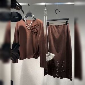 YUFUQING | Cafe Brown Long Sleeve Knitted Set Hollow Out Embroidery Round Neck Half Skirt Two Piece Women Early Autumn New Style Commute