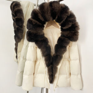 Womens Natural Fur Coat Luxury Natural Fur Collar White Down Padding Jacket Womens Winter Down Jacket Long Sleeve Warm Coat