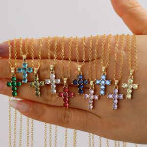 Birthstone Necklace 18K Gold Plated  Zircon Necklace Cross Pendant Necklace for Women