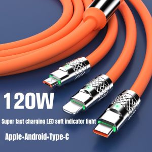 【SG Stock】 5A 120W 3 in 1 Fast Charging Data cable IPhone Type-C Micro-usb Cable PD/QC4.0 USB-A/USB-C All Devices