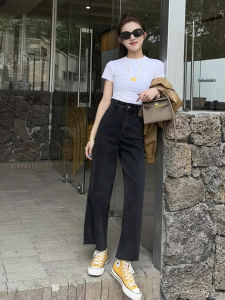 Black Denim Womens Summer 2024 Thin Straight-leg Loose 2024 New Arrival High Street Cropped Wide-Leg Pants Trendy