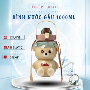 Bình Nước Bằng Nhựa Hình Gấu Hàn Quốc SMILE 1000 ML Tặng Kèm Dây Đeo Dễ Thương Và Ống Hút Tiện Lợi
