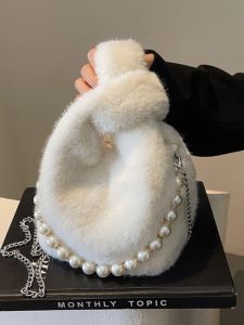 Autumn Winter Fluffy Pearl Trim Handbag Womens Fashion Chain Shoulder Bag Soft Plush Material Compact Size Bucket Shape