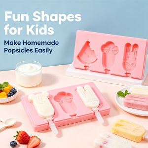 Cartoon Silicone Ice Cream Molds 3 Cavity Reusable Popsicle Moulds Kids DIY Ice Lolly Makers with Ice Cream Sticks